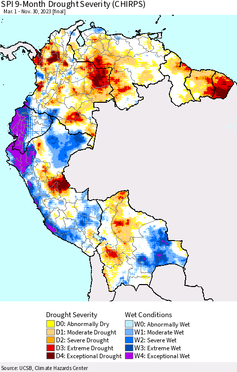 Northern South America SPI 9-Month Drought Severity (CHIRPS) Thematic Map For 3/1/2023 - 11/30/2023