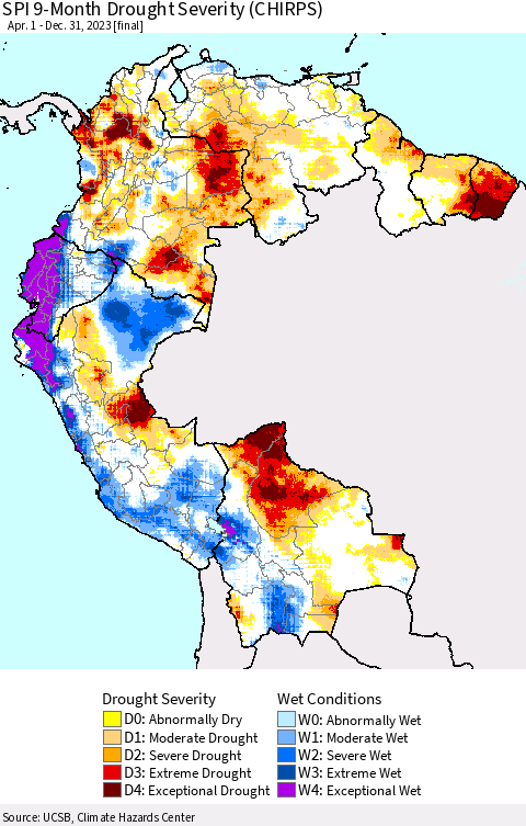 Northern South America SPI 9-Month Drought Severity (CHIRPS) Thematic Map For 4/1/2023 - 12/31/2023