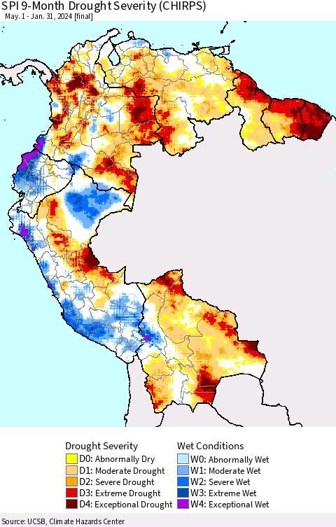 Northern South America SPI 9-Month Drought Severity (CHIRPS) Thematic Map For 5/1/2023 - 1/31/2024