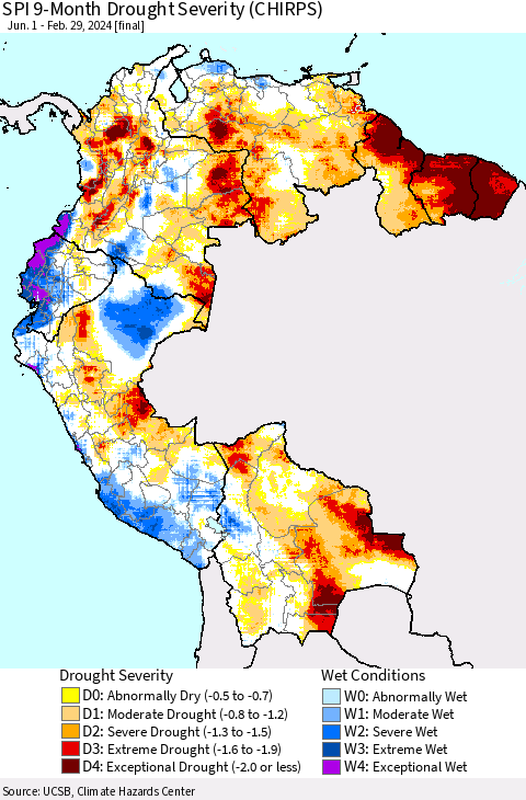 Northern South America SPI 9-Month Drought Severity (CHIRPS) Thematic Map For 6/1/2023 - 2/29/2024