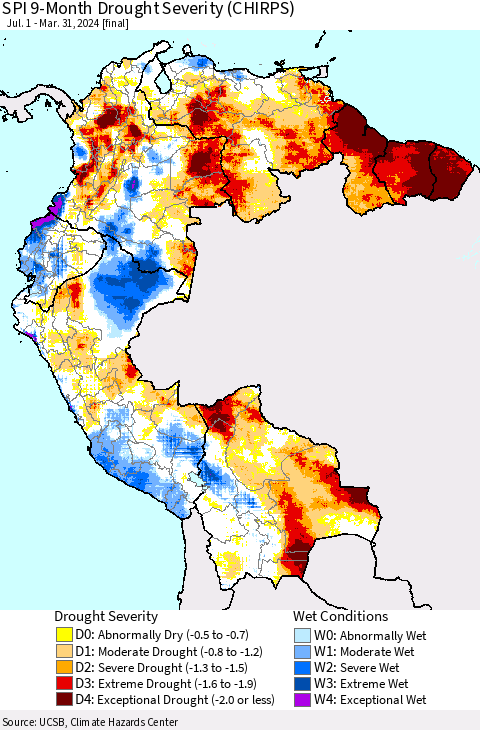 Northern South America SPI 9-Month Drought Severity (CHIRPS) Thematic Map For 7/1/2023 - 3/31/2024