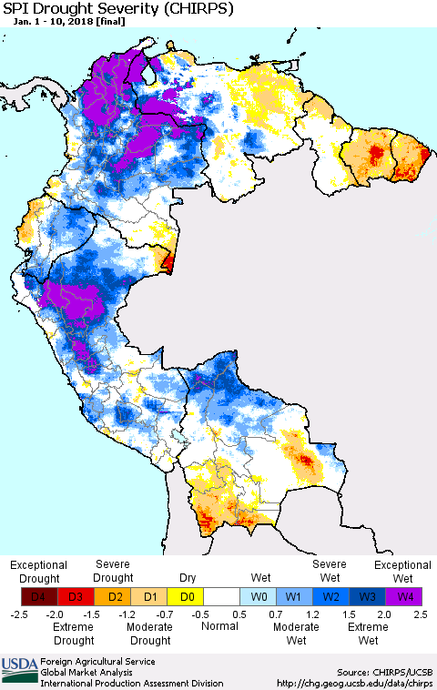 Northern South America SPI Drought Severity (CHIRPS) Thematic Map For 1/1/2018 - 1/10/2018