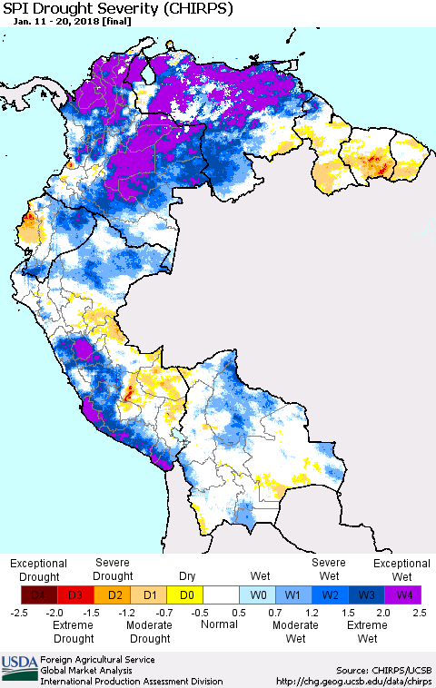 Northern South America SPI Drought Severity (CHIRPS) Thematic Map For 1/11/2018 - 1/20/2018