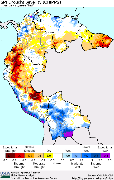 Northern South America SPI Drought Severity (CHIRPS) Thematic Map For 1/21/2018 - 1/31/2018