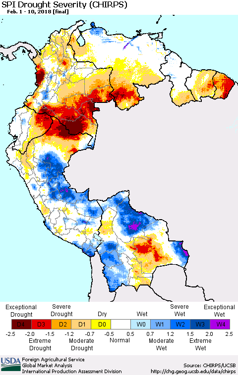Northern South America SPI Drought Severity (CHIRPS) Thematic Map For 2/1/2018 - 2/10/2018