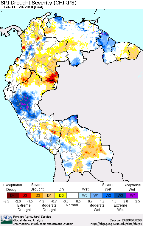 Northern South America SPI Drought Severity (CHIRPS) Thematic Map For 2/11/2018 - 2/20/2018