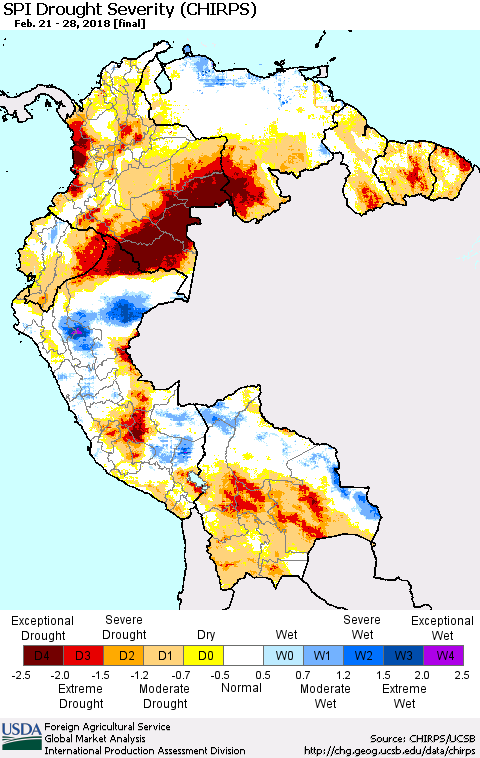 Northern South America SPI Drought Severity (CHIRPS) Thematic Map For 2/21/2018 - 2/28/2018