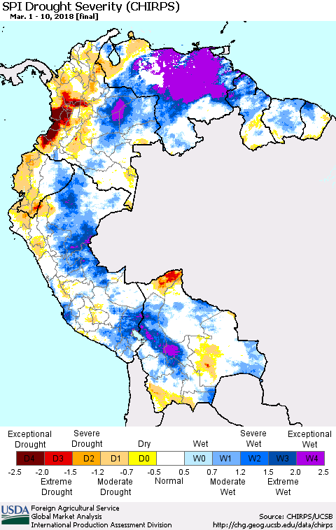 Northern South America SPI Drought Severity (CHIRPS) Thematic Map For 3/1/2018 - 3/10/2018