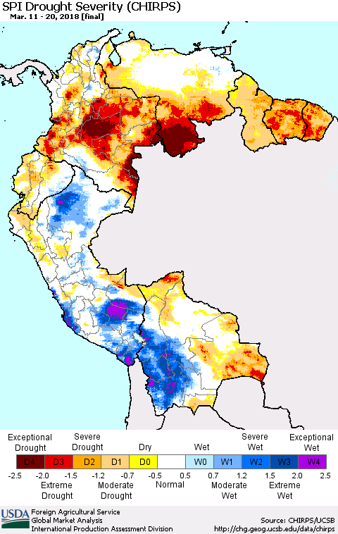 Northern South America SPI Drought Severity (CHIRPS) Thematic Map For 3/11/2018 - 3/20/2018