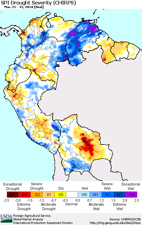 Northern South America SPI Drought Severity (CHIRPS) Thematic Map For 3/21/2018 - 3/31/2018