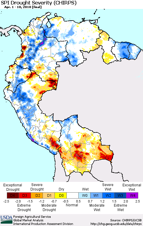 Northern South America SPI Drought Severity (CHIRPS) Thematic Map For 4/1/2018 - 4/10/2018