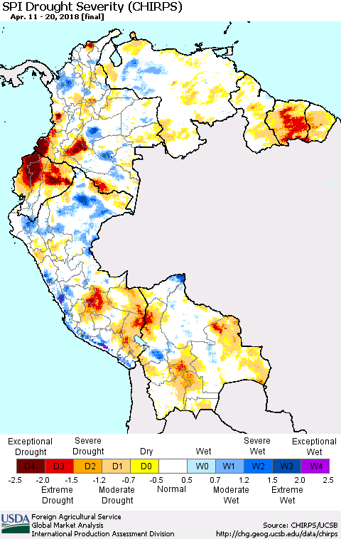 Northern South America SPI Drought Severity (CHIRPS) Thematic Map For 4/11/2018 - 4/20/2018