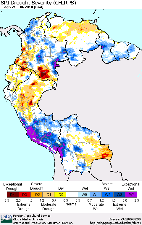 Northern South America SPI Drought Severity (CHIRPS) Thematic Map For 4/21/2018 - 4/30/2018