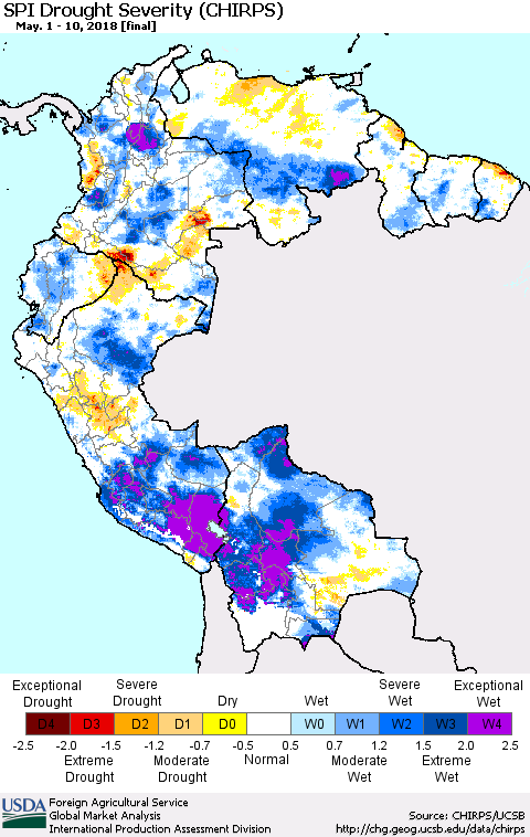 Northern South America SPI Drought Severity (CHIRPS) Thematic Map For 5/1/2018 - 5/10/2018