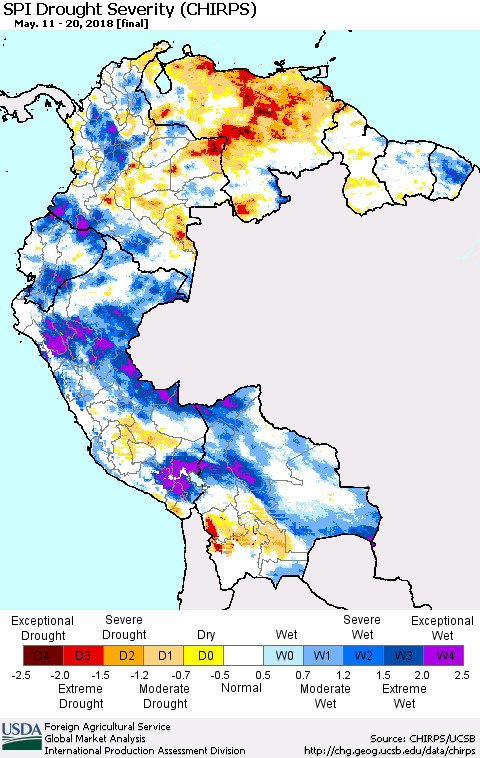 Northern South America SPI Drought Severity (CHIRPS) Thematic Map For 5/11/2018 - 5/20/2018
