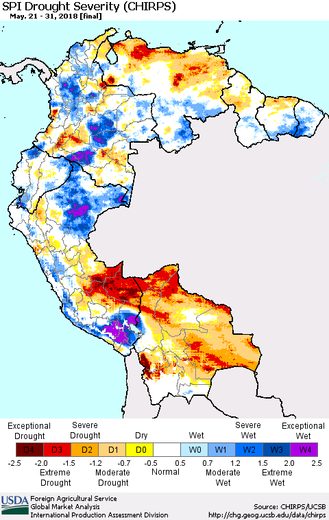 Northern South America SPI Drought Severity (CHIRPS) Thematic Map For 5/21/2018 - 5/31/2018