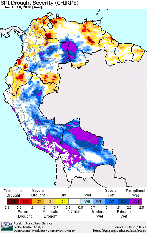 Northern South America SPI Drought Severity (CHIRPS) Thematic Map For 6/1/2018 - 6/10/2018