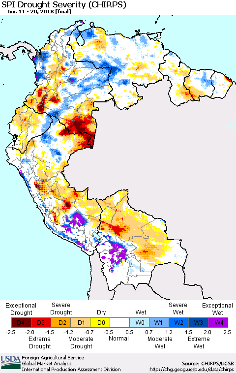 Northern South America SPI Drought Severity (CHIRPS) Thematic Map For 6/11/2018 - 6/20/2018