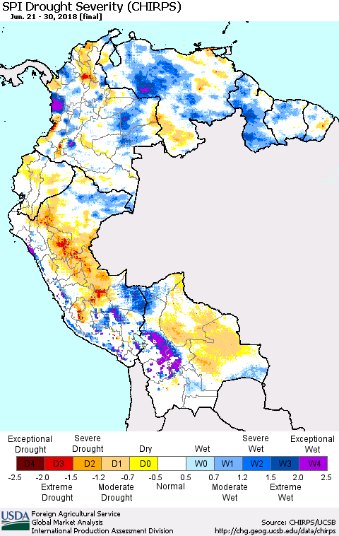 Northern South America SPI Drought Severity (CHIRPS) Thematic Map For 6/21/2018 - 6/30/2018