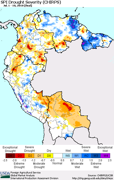 Northern South America SPI Drought Severity (CHIRPS) Thematic Map For 7/1/2018 - 7/10/2018