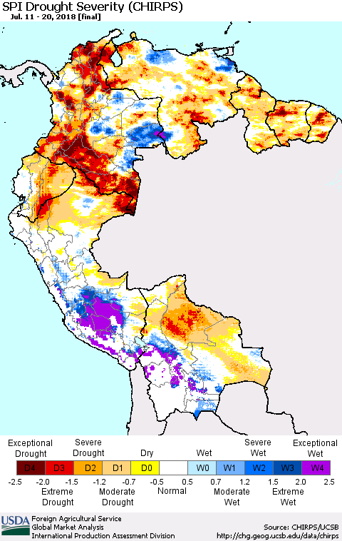 Northern South America SPI Drought Severity (CHIRPS) Thematic Map For 7/11/2018 - 7/20/2018