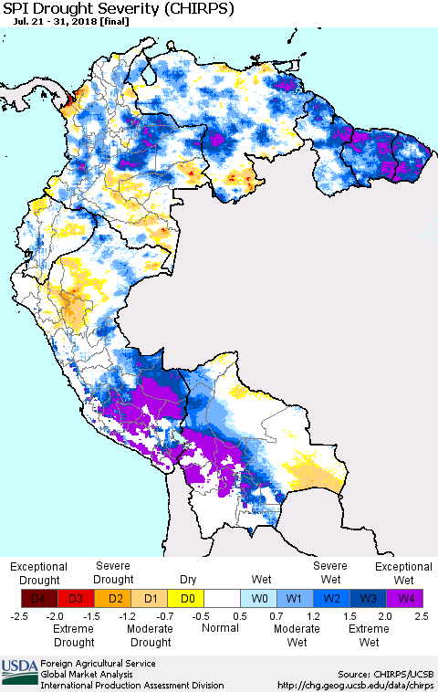 Northern South America SPI Drought Severity (CHIRPS) Thematic Map For 7/21/2018 - 7/31/2018