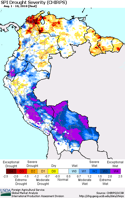 Northern South America SPI Drought Severity (CHIRPS) Thematic Map For 8/1/2018 - 8/10/2018