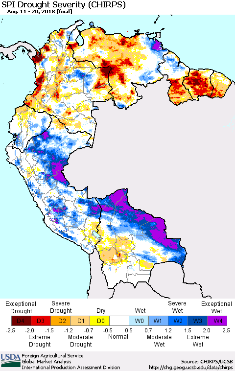 Northern South America SPI Drought Severity (CHIRPS) Thematic Map For 8/11/2018 - 8/20/2018