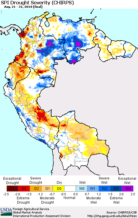 Northern South America SPI Drought Severity (CHIRPS) Thematic Map For 8/21/2018 - 8/31/2018