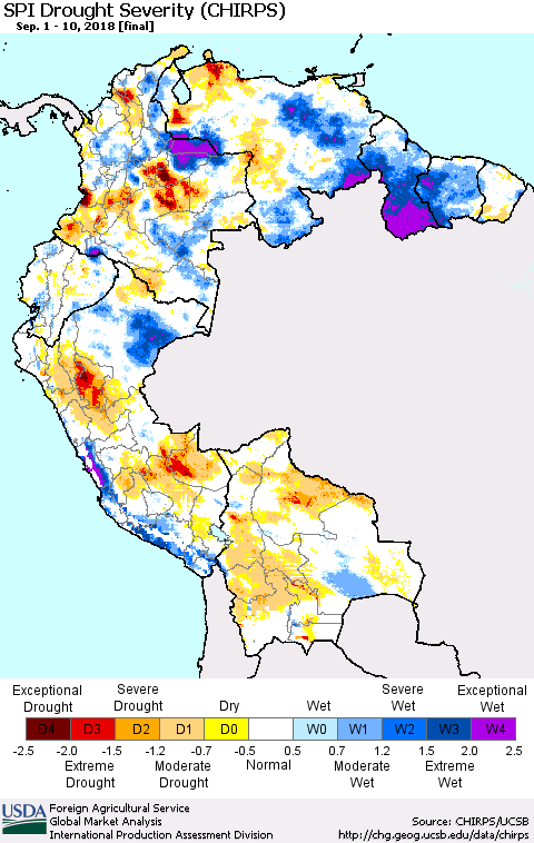 Northern South America SPI Drought Severity (CHIRPS) Thematic Map For 9/1/2018 - 9/10/2018