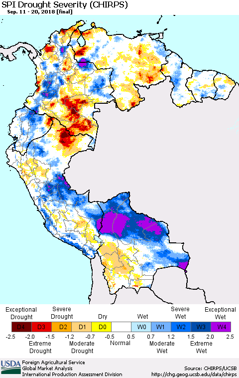 Northern South America SPI Drought Severity (CHIRPS) Thematic Map For 9/11/2018 - 9/20/2018