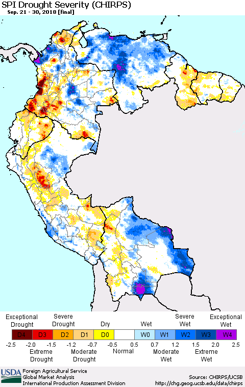 Northern South America SPI Drought Severity (CHIRPS) Thematic Map For 9/21/2018 - 9/30/2018