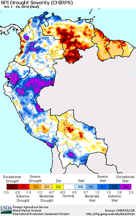 Northern South America SPI Drought Severity (CHIRPS) Thematic Map For 10/1/2018 - 10/10/2018