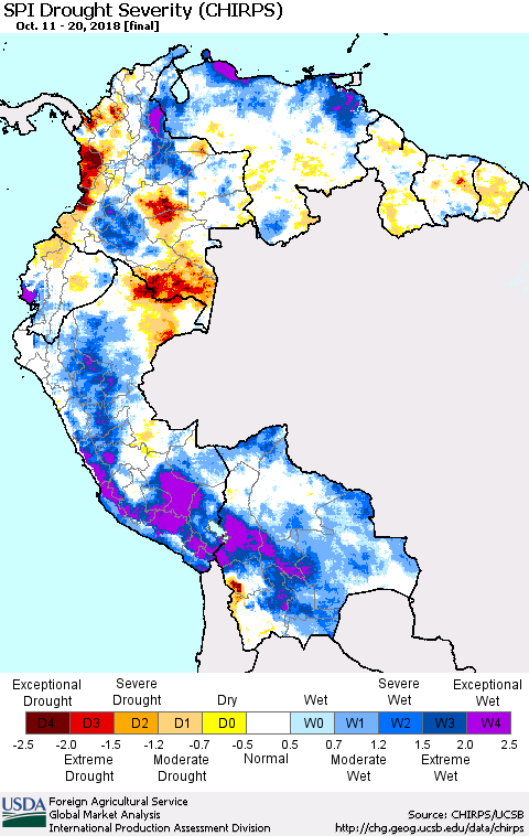 Northern South America SPI Drought Severity (CHIRPS) Thematic Map For 10/11/2018 - 10/20/2018