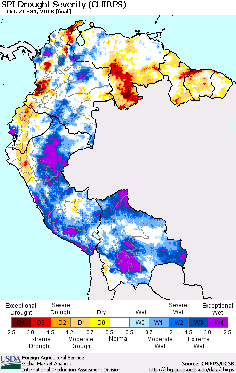 Northern South America SPI Drought Severity (CHIRPS) Thematic Map For 10/21/2018 - 10/31/2018