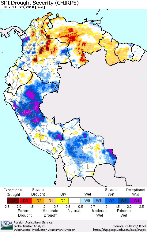 Northern South America SPI Drought Severity (CHIRPS) Thematic Map For 11/11/2018 - 11/20/2018