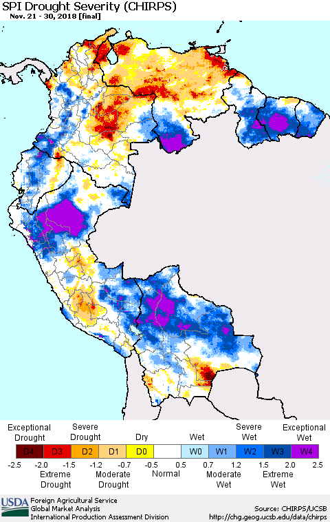 Northern South America SPI Drought Severity (CHIRPS) Thematic Map For 11/21/2018 - 11/30/2018