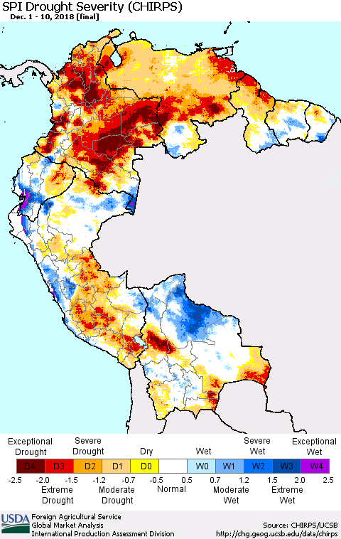Northern South America SPI Drought Severity (CHIRPS) Thematic Map For 12/1/2018 - 12/10/2018