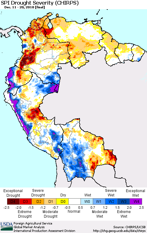 Northern South America SPI Drought Severity (CHIRPS) Thematic Map For 12/11/2018 - 12/20/2018