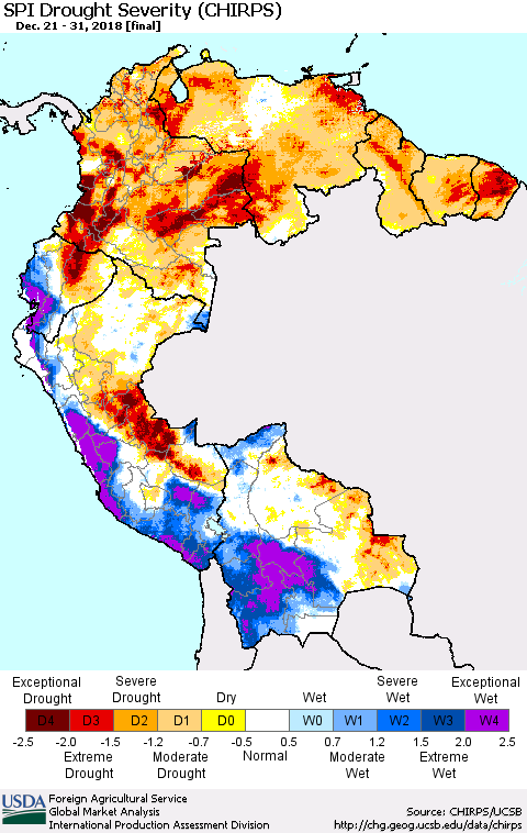 Northern South America SPI Drought Severity (CHIRPS) Thematic Map For 12/21/2018 - 12/31/2018