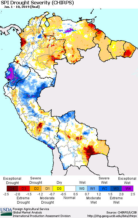 Northern South America SPI Drought Severity (CHIRPS) Thematic Map For 1/1/2019 - 1/10/2019