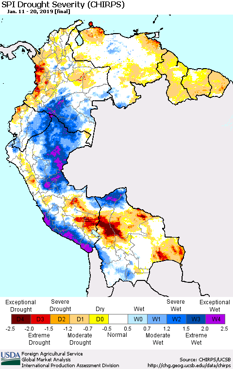 Northern South America SPI Drought Severity (CHIRPS) Thematic Map For 1/11/2019 - 1/20/2019