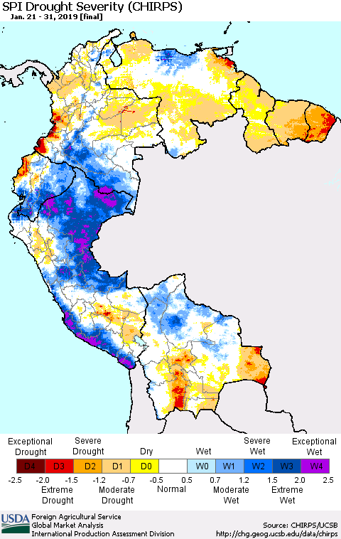 Northern South America SPI Drought Severity (CHIRPS) Thematic Map For 1/21/2019 - 1/31/2019