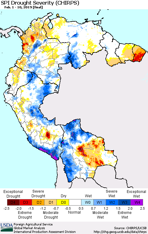 Northern South America SPI Drought Severity (CHIRPS) Thematic Map For 2/1/2019 - 2/10/2019