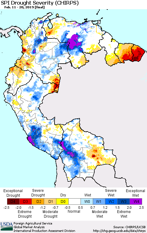 Northern South America SPI Drought Severity (CHIRPS) Thematic Map For 2/11/2019 - 2/20/2019