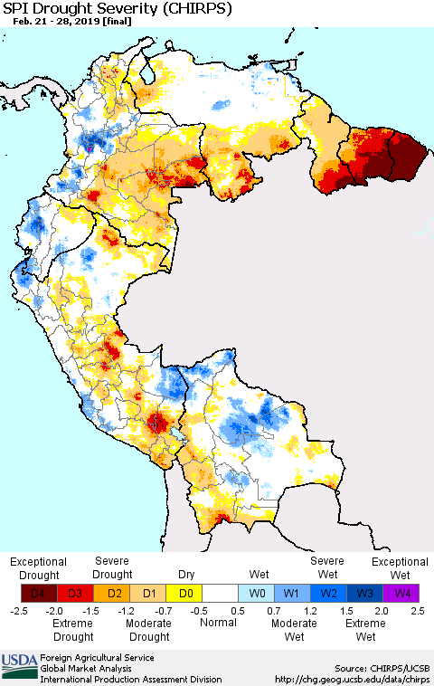 Northern South America SPI Drought Severity (CHIRPS) Thematic Map For 2/21/2019 - 2/28/2019