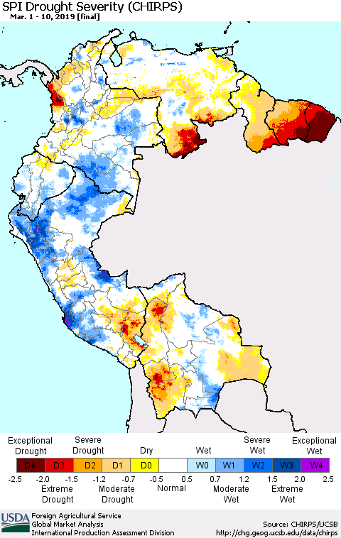 Northern South America SPI Drought Severity (CHIRPS) Thematic Map For 3/1/2019 - 3/10/2019