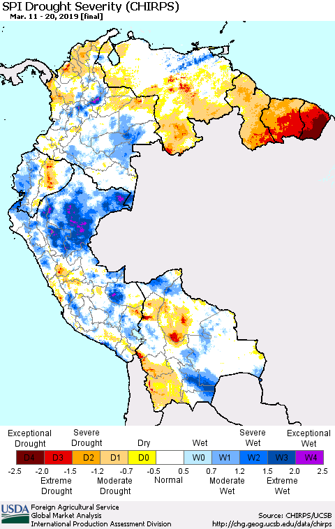 Northern South America SPI Drought Severity (CHIRPS) Thematic Map For 3/11/2019 - 3/20/2019