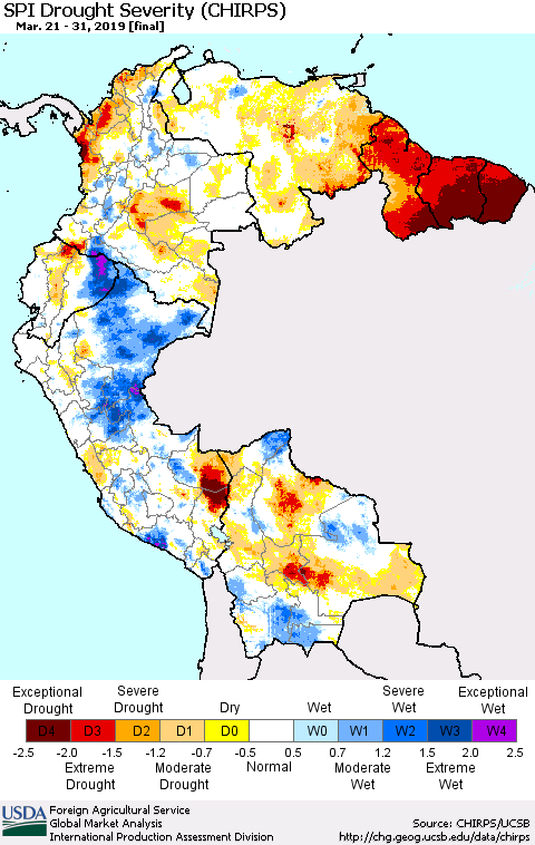 Northern South America SPI Drought Severity (CHIRPS) Thematic Map For 3/21/2019 - 3/31/2019