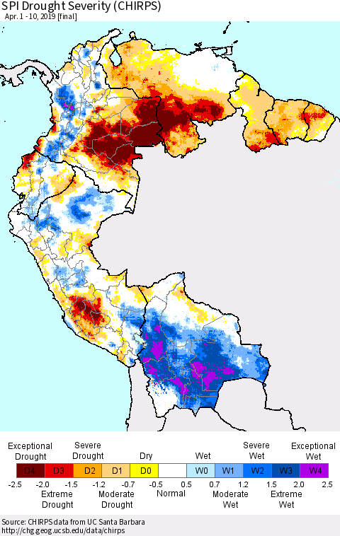 Northern South America SPI Drought Severity (CHIRPS) Thematic Map For 4/1/2019 - 4/10/2019